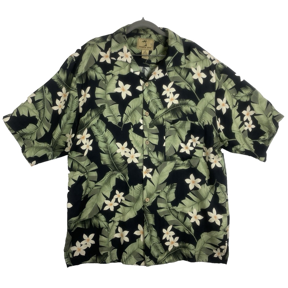 Silk Shirt 100% Hawaiian Men's Jamaica Jaxx, Tropical Leaf, M Black/Green/Ivory